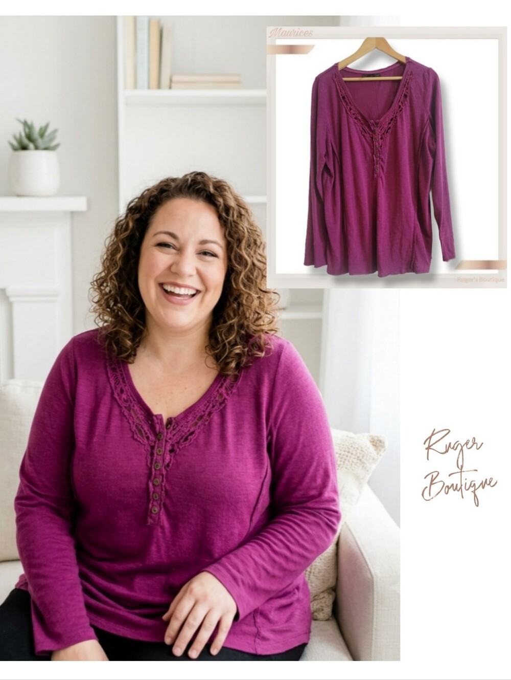 🌿Maurices Plum Long-Sleeve Top with Crochet Henley Neckline - Women's Size 2X